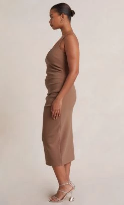 Bec&Bridge KARINA TUCK MIDI DRESS - MILK CHOCOLATE NEW