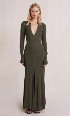 Bec&Bridge MILA KNIT LONG SLEEVE MAXI DRESS - ARMY Dresses