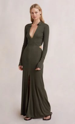Bec&Bridge MILA KNIT LONG SLEEVE MAXI DRESS - ARMY Dresses