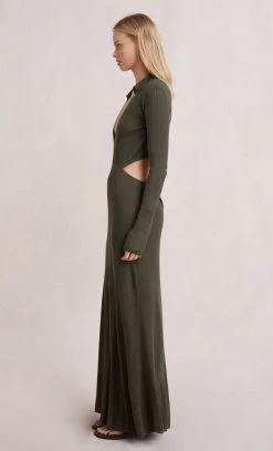 Bec&Bridge MILA KNIT LONG SLEEVE MAXI DRESS - ARMY Dresses