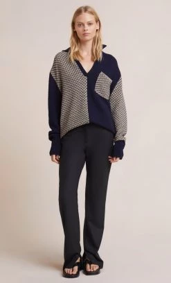 Bec&Bridge NEW DANA LONG SLEEVE POLO KNIT - OAT/INK
